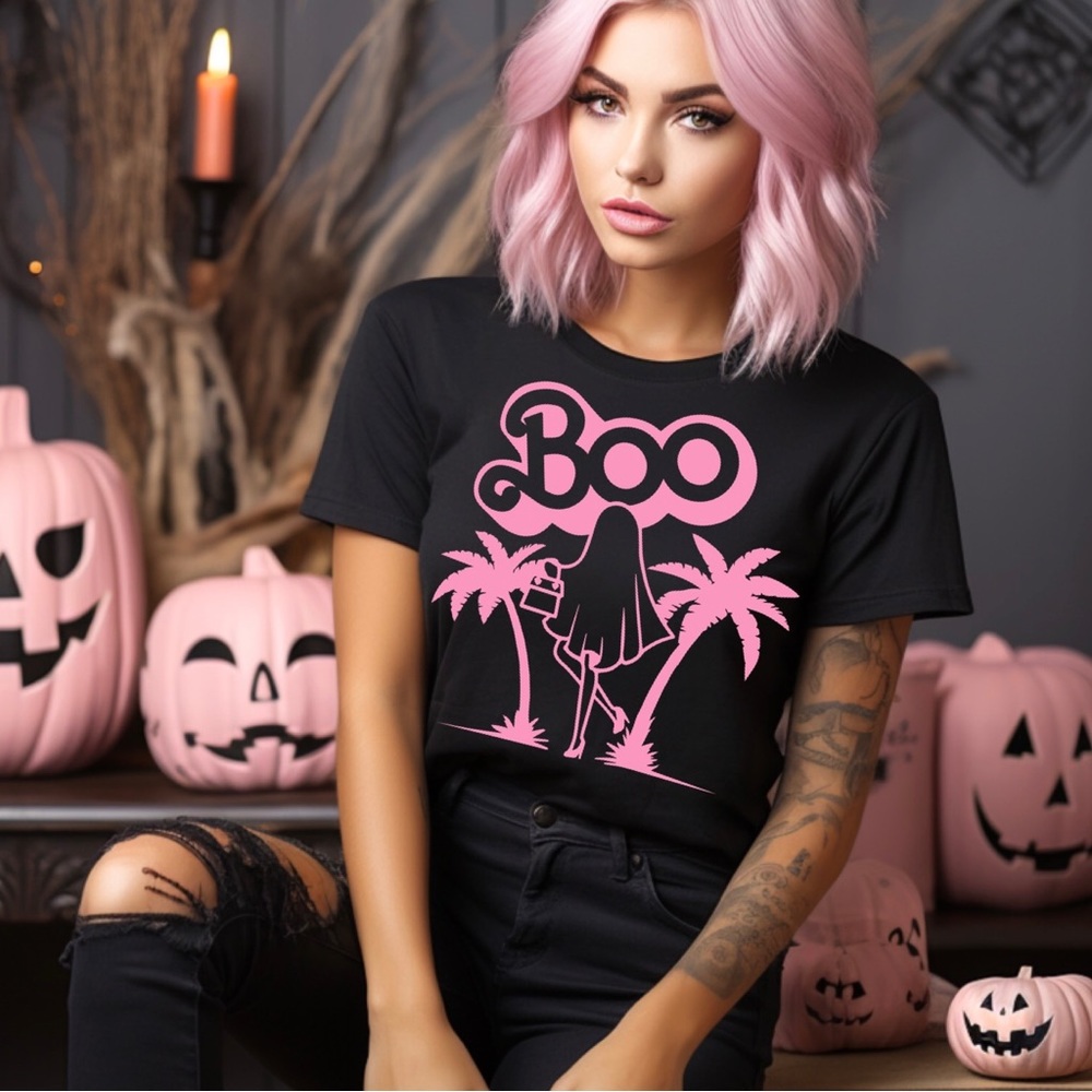 Barbie Halloween Tee Ghost Costume Boo Custom Handmade spooky black pink scary